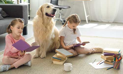 children reading to golden retriever