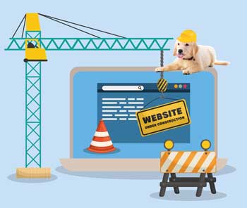 website under construction with dog in hard hat